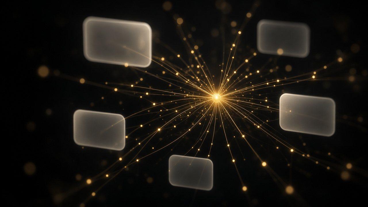 Threads of gold light converging from many points into one bright answer, surrounded by blank chat panels
