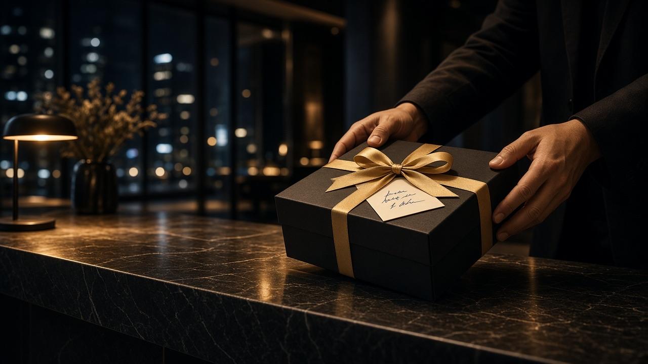 A courier sets a black gift box with a gold ribbon and a handwritten card on a reception desk at night