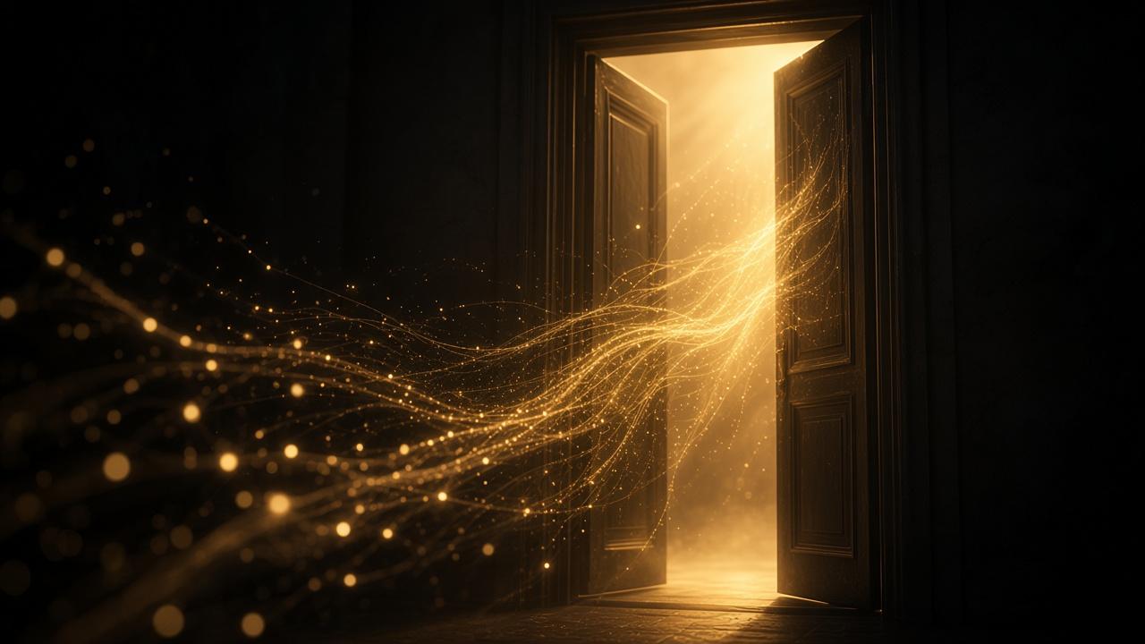 Gold light flowing through an open door